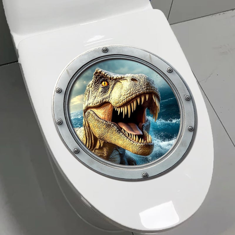 Iprokiu Funny Animal Toilet Seat Cover Sticker Waterproof Shark Dolphin Toilet Seat Lid Decal 3D Bathroom Decoration Turtle Dinosaur Wall Sticker (Dinosaur) - Image 1